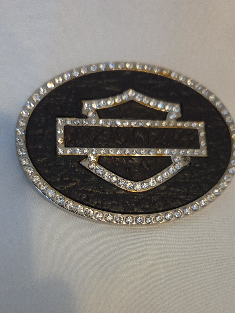 Harley-Davidson Black Leather-Texture Emblem with Clear Crystals